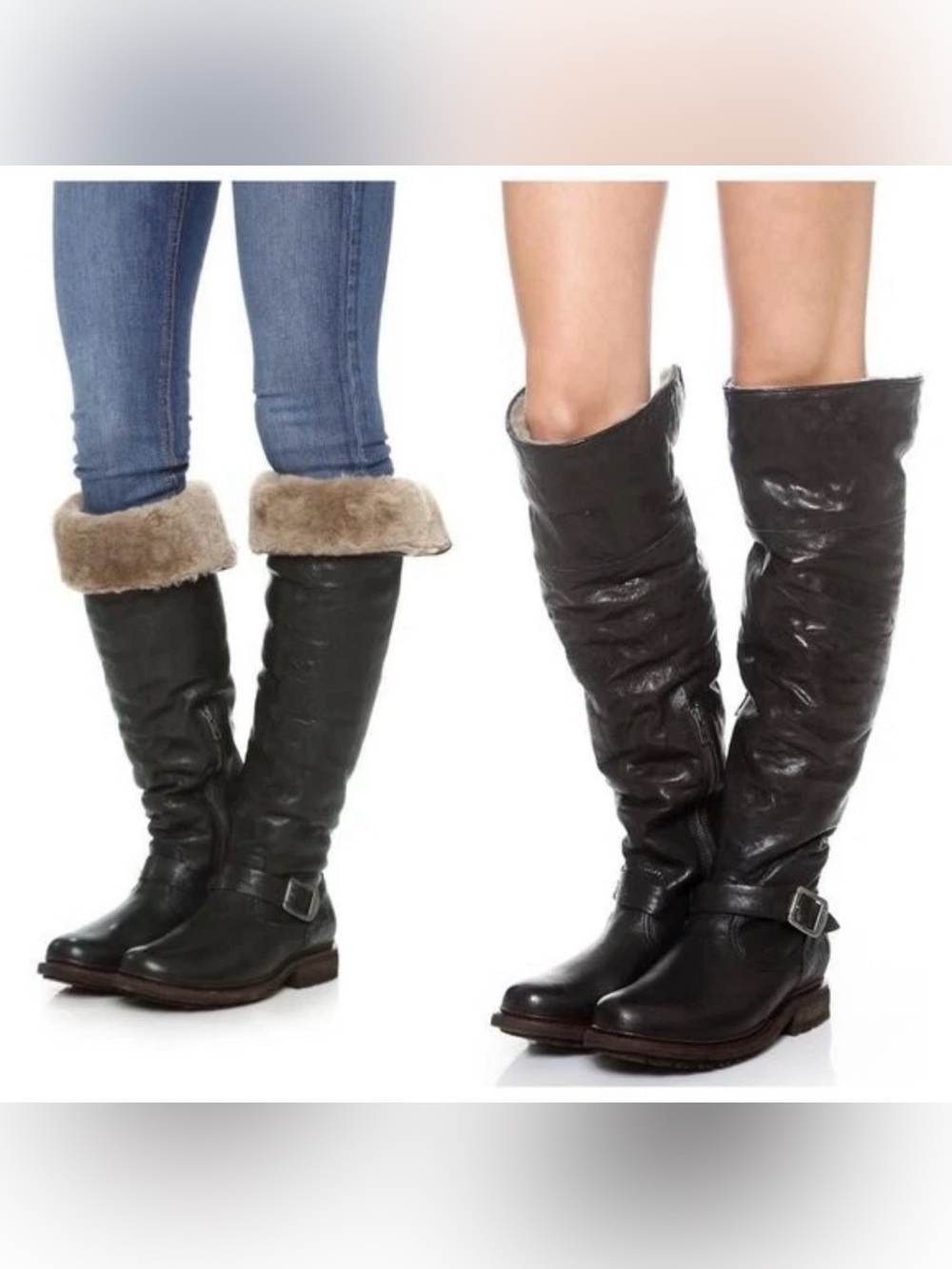 Frye Leather Faux Fur Trim Tall Brown Leather Winter Boots with Shearling Cuff
